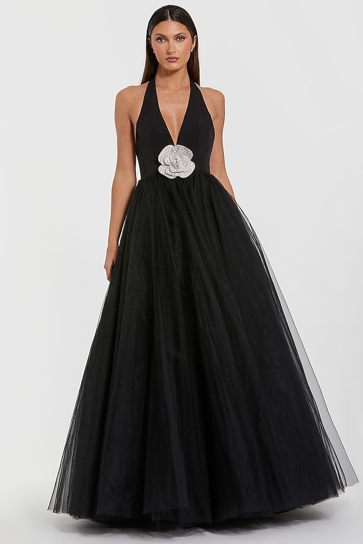 Black Tulle Floral Embellished Halter-Neck Ball Engagement Gown by Mac Duggal at Pernia's Pop Up Shop