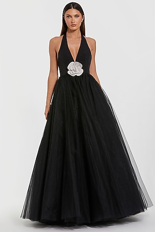 Black Tulle Floral Embellished Halter-Neck Ball Gown by Mac Duggal
