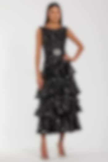 Black Mesh Sequins Embellished Ruffled Midi Party Wear Dress by Mac Duggal at Pernia's Pop Up Shop