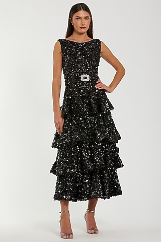 Black Mesh Sequins Embellished Ruffled Midi Dress by Mac Duggal