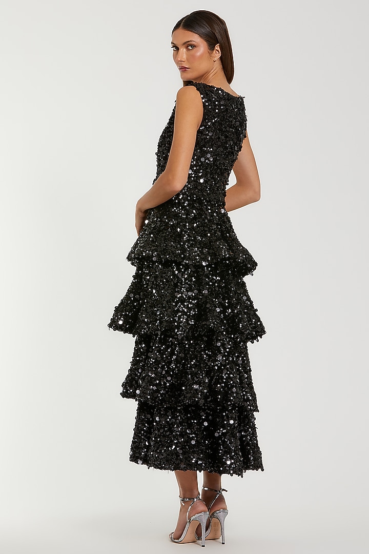 Black Mesh Sequins Embellished Ruffled Midi Party Wear Dress by Mac Duggal at Pernia's Pop Up Shop