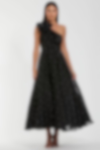 Black Organza Pearl Embellished One-Shoulder Midi Cocktail Dress by Mac Duggal at Pernia's Pop Up Shop