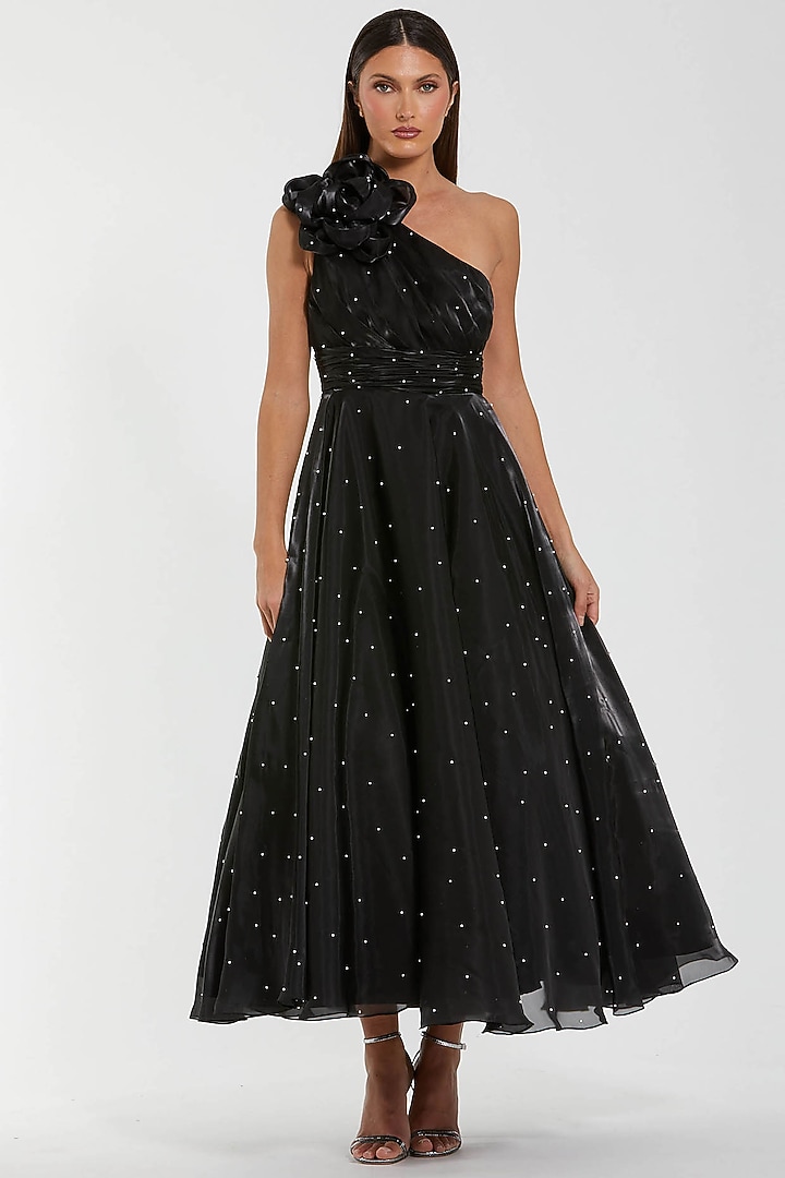 Black Organza Pearl Embellished One-Shoulder Midi Cocktail Dress by Mac Duggal at Pernia's Pop Up Shop