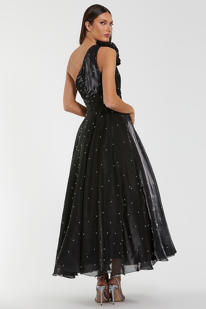 Black Organza Pearl Embellished One-Shoulder Midi Cocktail Dress by Mac  Duggal at Pernia's Pop Up Shop 2026
