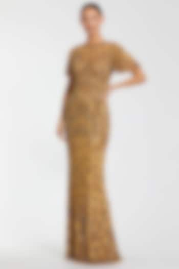 Beige Mesh Hand Embellished High-Neck Engagement Gown by Mac Duggal at Pernia's Pop Up Shop