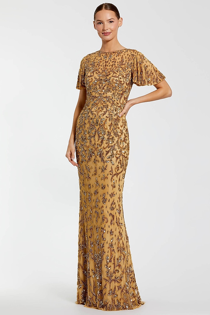 Beige Mesh Hand Embellished High-Neck Engagement Gown by Mac Duggal at Pernia's Pop Up Shop
