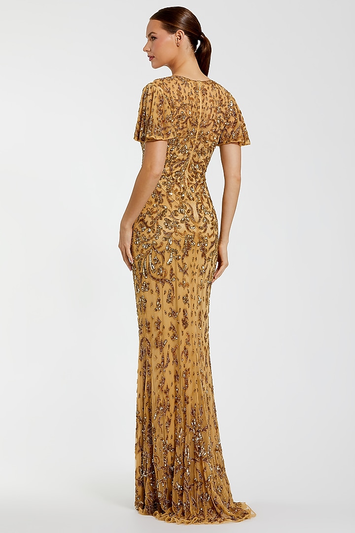 Beige Mesh Hand Embellished High-Neck Engagement Gown by Mac Duggal at Pernia's Pop Up Shop
