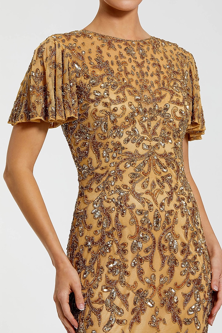 Beige Mesh Hand Embellished High-Neck Engagement Gown by Mac Duggal at Pernia's Pop Up Shop