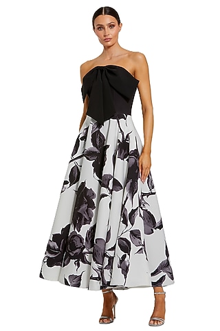 Black & White Polyester Floral Printed Midi Dress by Mac Duggal