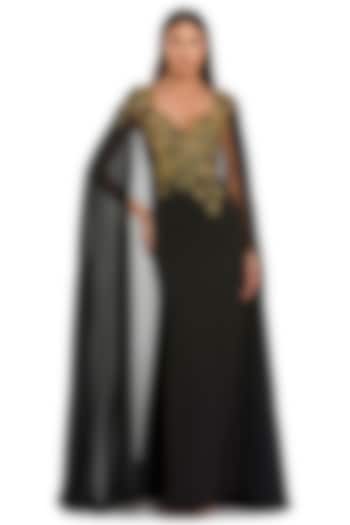 Black-Gold Polyester Floral Embroidered Engagement Gown by Mac Duggal at Pernia's Pop Up Shop