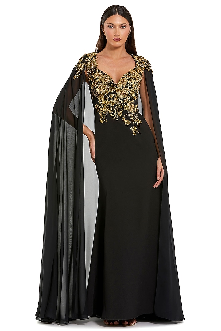 Black-Gold Polyester Floral Embroidered Engagement Gown by Mac Duggal at Pernia's Pop Up Shop