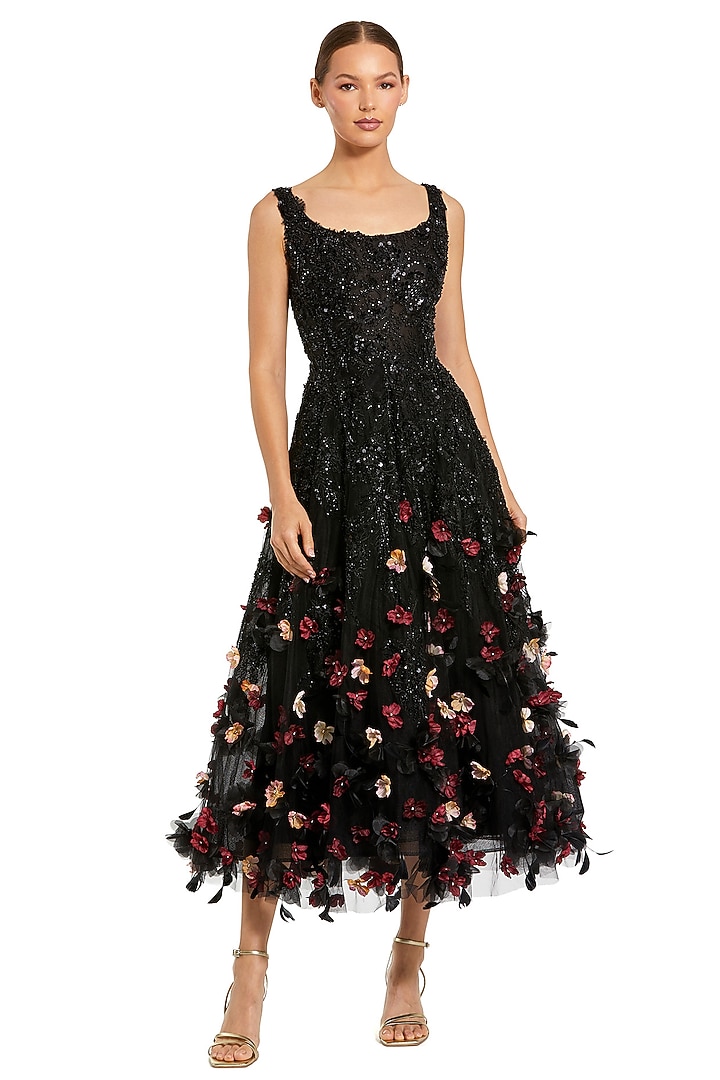 Black & Multi-Colored Polyester Embellished Midi Party Wear Dress by Mac Duggal at Pernia's Pop Up Shop