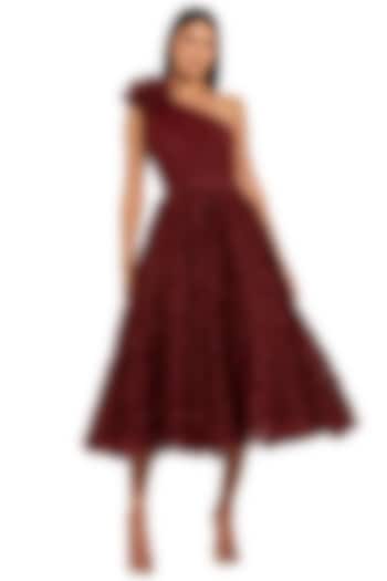 Wine Polyester Embellished Midi Party Wear Dress by Mac Duggal at Pernia's Pop Up Shop