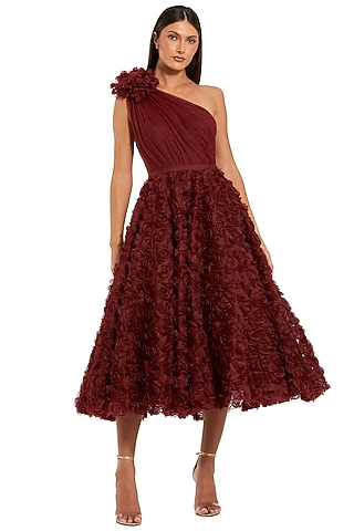 Wine Polyester Embellished Midi Dress by Mac Duggal