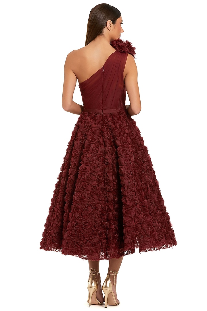 Wine Polyester Embellished Midi Party Wear Dress by Mac Duggal at Pernia's Pop Up Shop