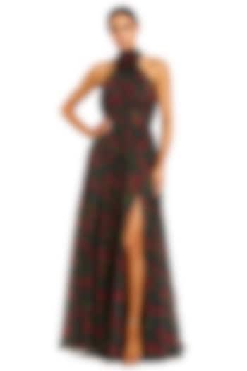 Black & Multi-Colored Polyester Embroidered & Floral Printed Engagement Gown by Mac Duggal at Pernia's Pop Up Shop