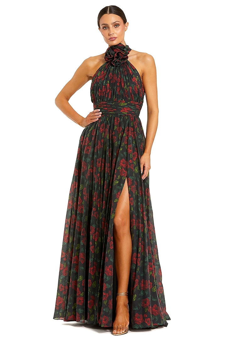Black & Multi-Colored Polyester Embroidered & Floral Printed Engagement Gown by Mac Duggal at Pernia's Pop Up Shop