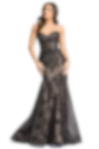 Black & Nude Lace Embellished Trumpet Wedding Gown by Mac Duggal at Pernia's Pop Up Shop