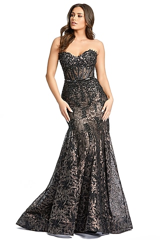Black & Nude Lace Embellished Trumpet Gown by Mac Duggal
