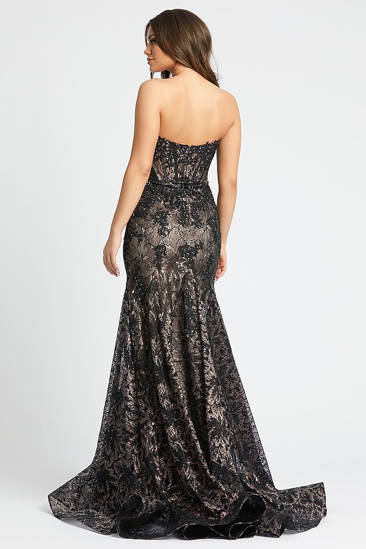 Black & Nude Lace Embellished Trumpet Wedding Gown by Mac Duggal at Pernia's Pop Up Shop