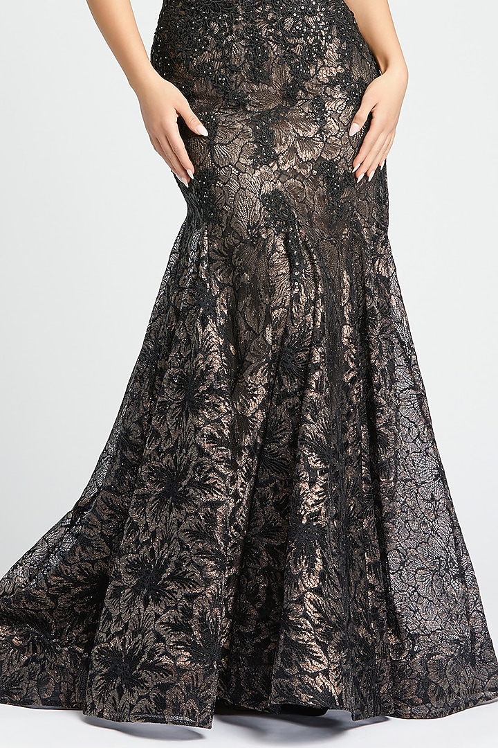 Black & Nude Lace Embellished Trumpet Wedding Gown by Mac Duggal at Pernia's Pop Up Shop