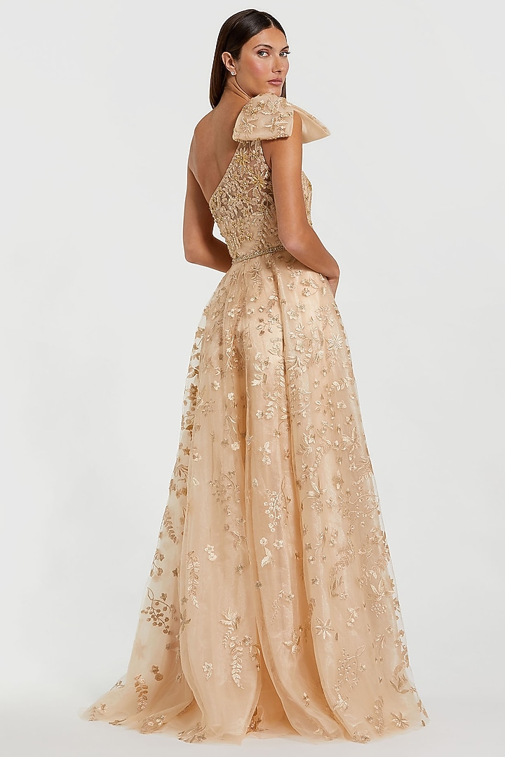 Champagne Polyester Floral Embroidered One-Shoulder Wedding Gown by Mac Duggal at Pernia's Pop Up Shop