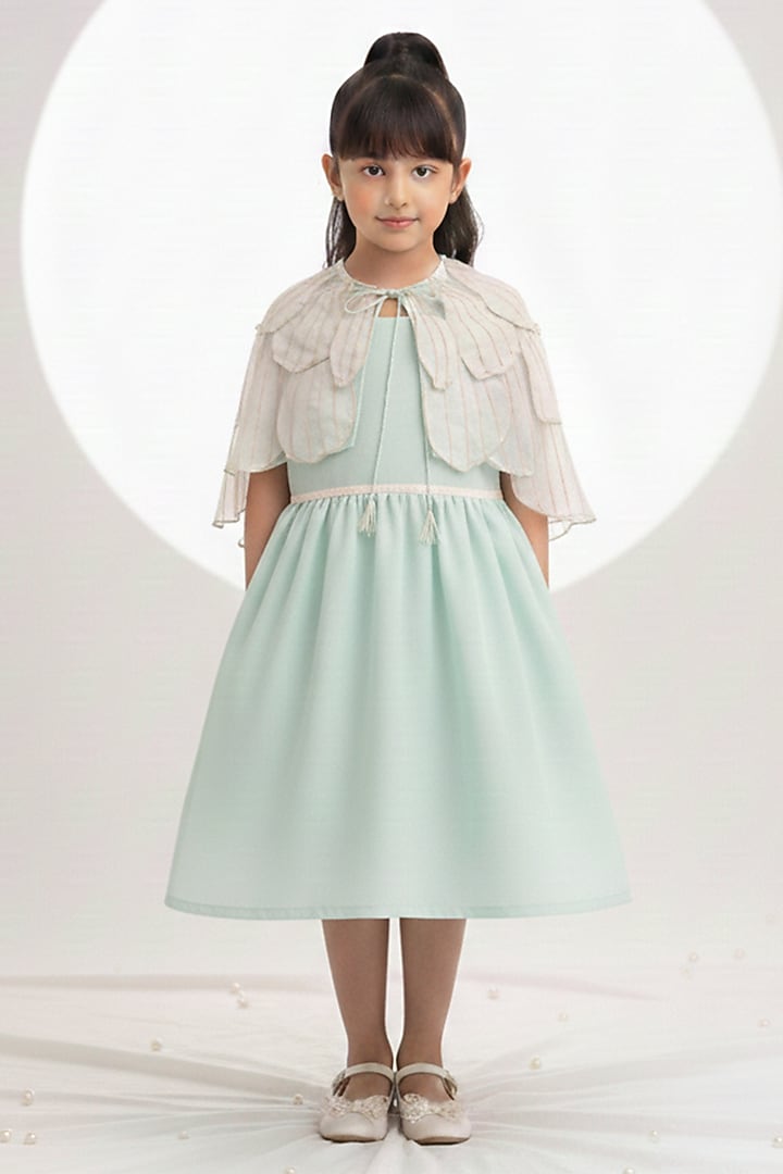 Mint Handwoven Chanderi Embroidered Dress For Girls by Mi Dulce An'ya at Pernia's Pop Up Shop