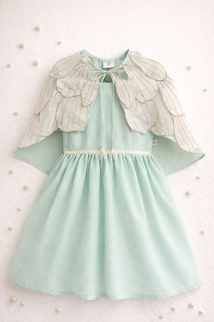 Mint Handwoven Chanderi Embroidered Dress For Girls by Mi Dulce An'ya at Pernia's Pop Up Shop