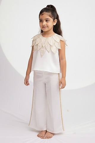 Ivory Handwoven Chanderi & Pure Tissue Embroidered Co-Ord Set For Girls by Mi Dulce An'ya