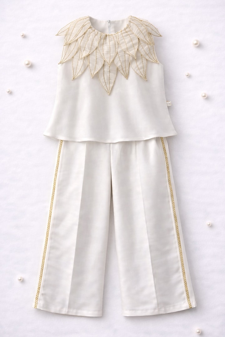 Ivory Handwoven Chanderi & Pure Tissue Embroidered Co-Ord Set For Girls by Mi Dulce An'ya at Pernia's Pop Up Shop