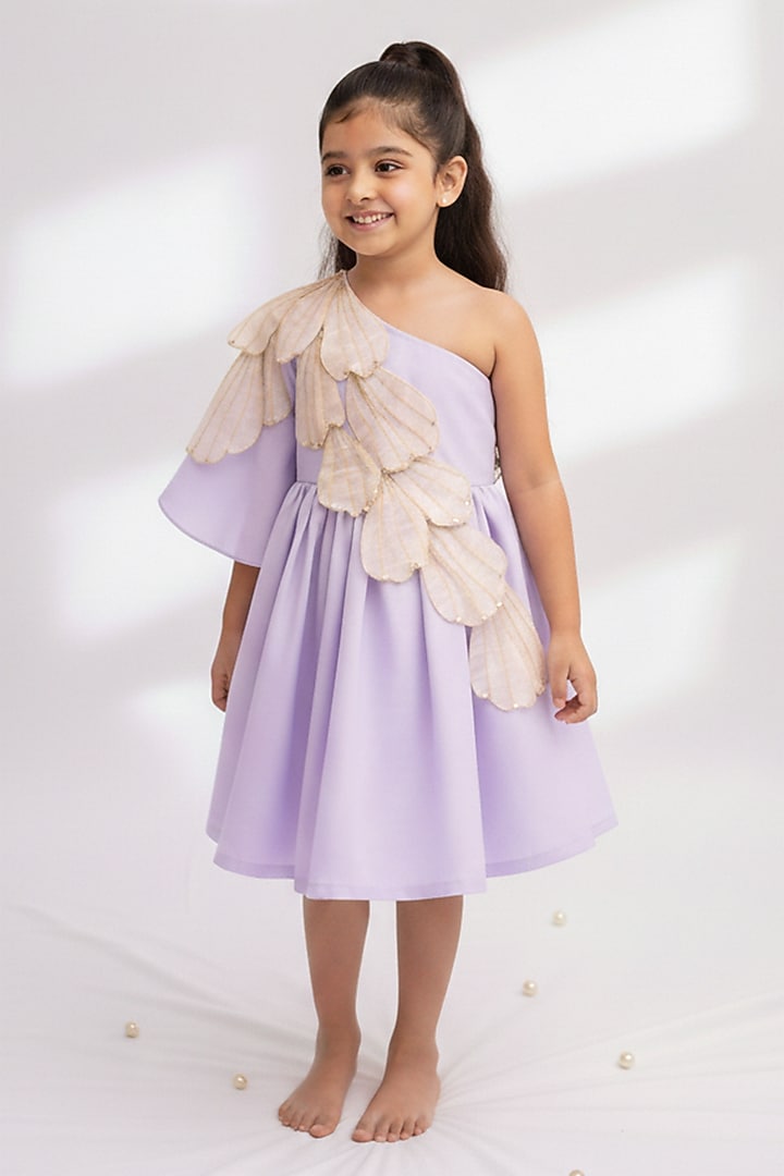 Lilac Ahimsa Silk & Pure Tissue Embroidered One-Shoulder Dress For Girls by Mi Dulce An'ya at Pernia's Pop Up Shop