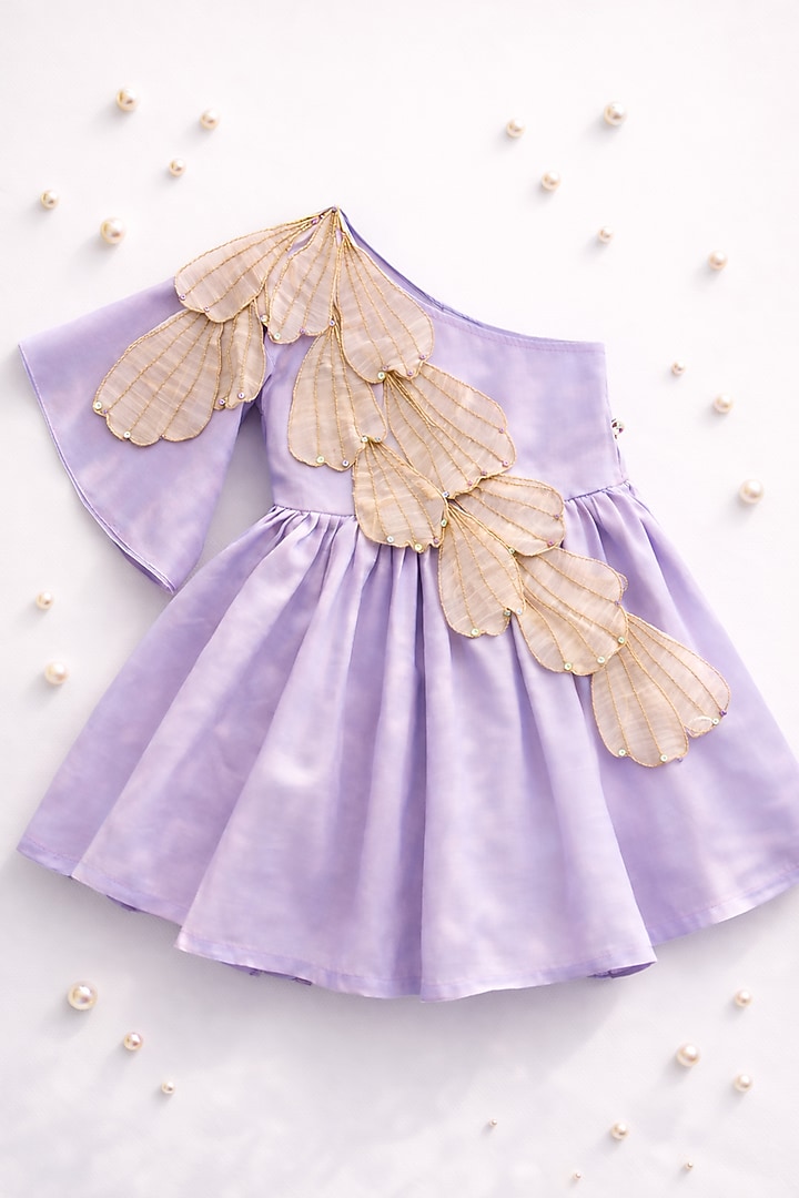 Lilac Ahimsa Silk & Pure Tissue Embroidered One-Shoulder Dress For Girls by Mi Dulce An'ya at Pernia's Pop Up Shop