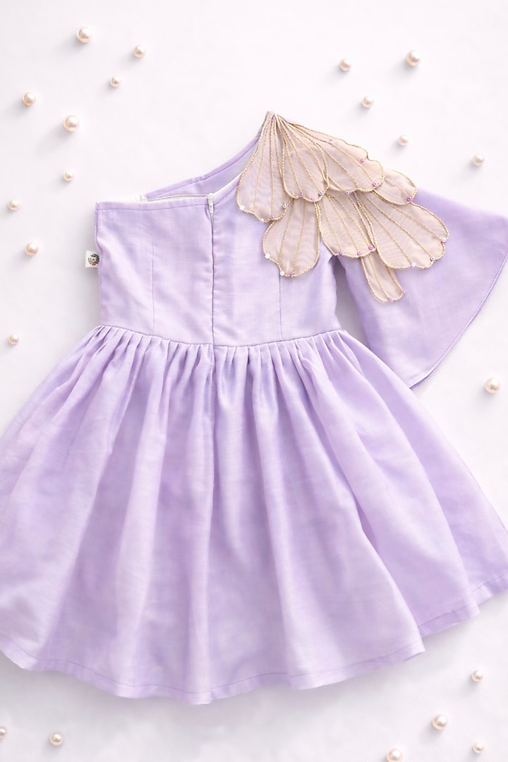 Lilac Ahimsa Silk & Pure Tissue Embroidered One-Shoulder Dress For Girls by Mi Dulce An'ya at Pernia's Pop Up Shop