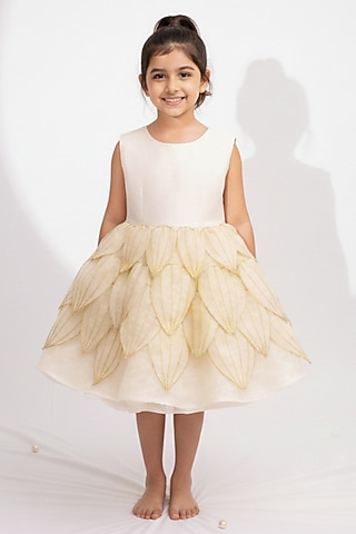Gold Ahimsa Silk & Pure Tissue Embroidered Dress For Girls by Mi Dulce An'ya
