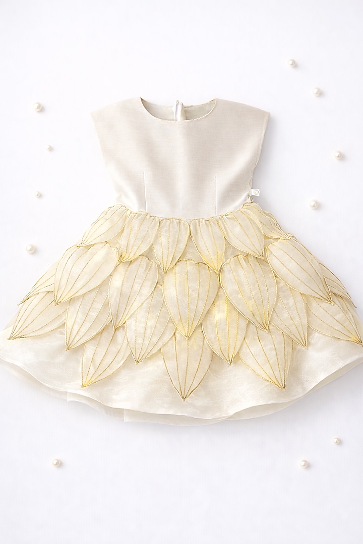 Gold Ahimsa Silk & Pure Tissue Embroidered Dress For Girls by Mi Dulce An'ya at Pernia's Pop Up Shop