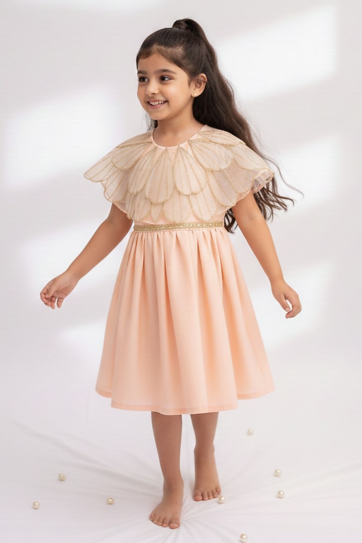 Peach Handwoven Chanderi Embroidered Dress For Girls by Mi Dulce An'ya at Pernia's Pop Up Shop