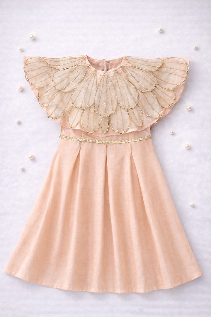 Peach Handwoven Chanderi Embroidered Dress For Girls by Mi Dulce An'ya at Pernia's Pop Up Shop