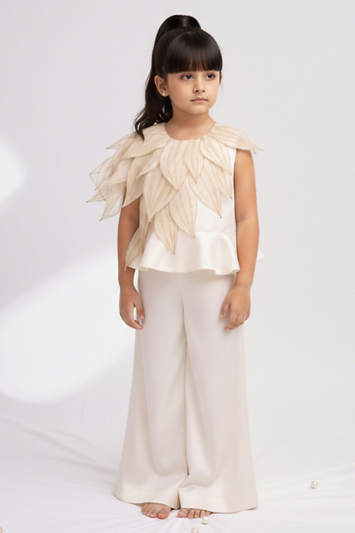 Ivory Ahimsa Silk & Pure Tissue Embroidered Co-Ord Set For Girls by Mi Dulce An'ya at Pernia's Pop Up Shop