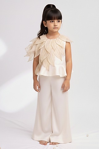 Ivory Ahimsa Silk & Pure Tissue Embroidered Co-Ord Set For Girls by Mi Dulce An'ya