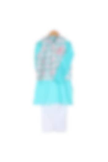 Turquoise Printed Bandhgala Jacket Set For Boys by Mi Dulce An'Ya