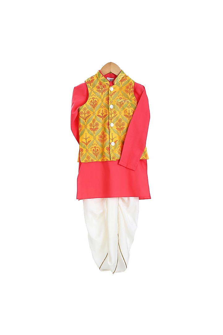 Yellow & Pink Embroidered Jacket Set For Boys by Mi Dulce An'Ya
