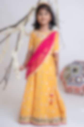 Saffron Organic Cotton Mirror Hand Embroidered Banarasi Lehenga Set For Girls by Mi Dulce An'ya