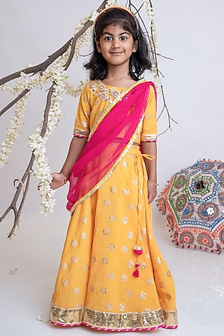 Saffron Organic Cotton Mirror Hand Embroidered Banarasi Lehenga Set For Girls by Mi Dulce An'ya