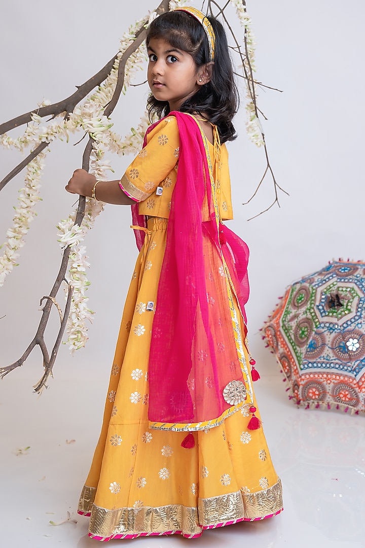 Saffron Organic Cotton Mirror Hand Embroidered Banarasi Lehenga Set For Girls by Mi Dulce An'ya at Pernia's Pop Up Shop