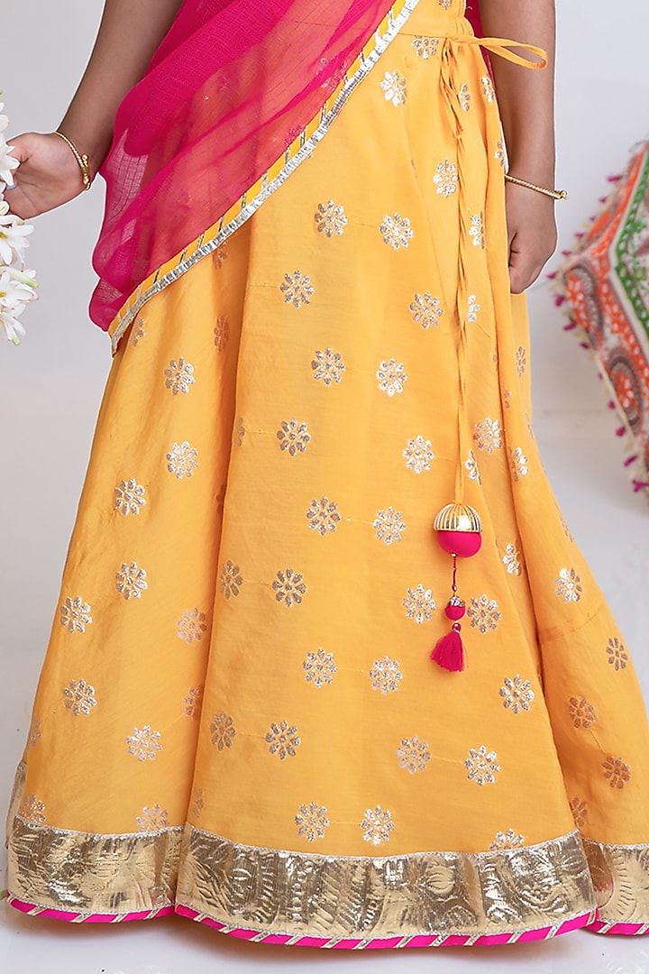 Saffron Organic Cotton Mirror Hand Embroidered Banarasi Lehenga Set For Girls by Mi Dulce An'ya at Pernia's Pop Up Shop