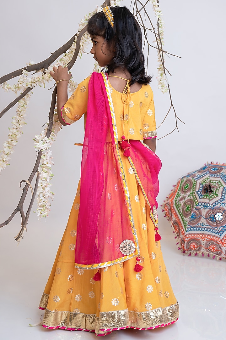 Saffron Organic Cotton Mirror Hand Embroidered Banarasi Lehenga Set For Girls by Mi Dulce An'ya at Pernia's Pop Up Shop