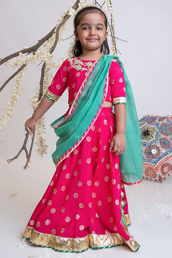 Fuchsia Organic Cotton Mirror Hand Embroidered Banarasi Lehenga Set For Girls by Mi Dulce An'ya at Pernia's Pop Up Shop