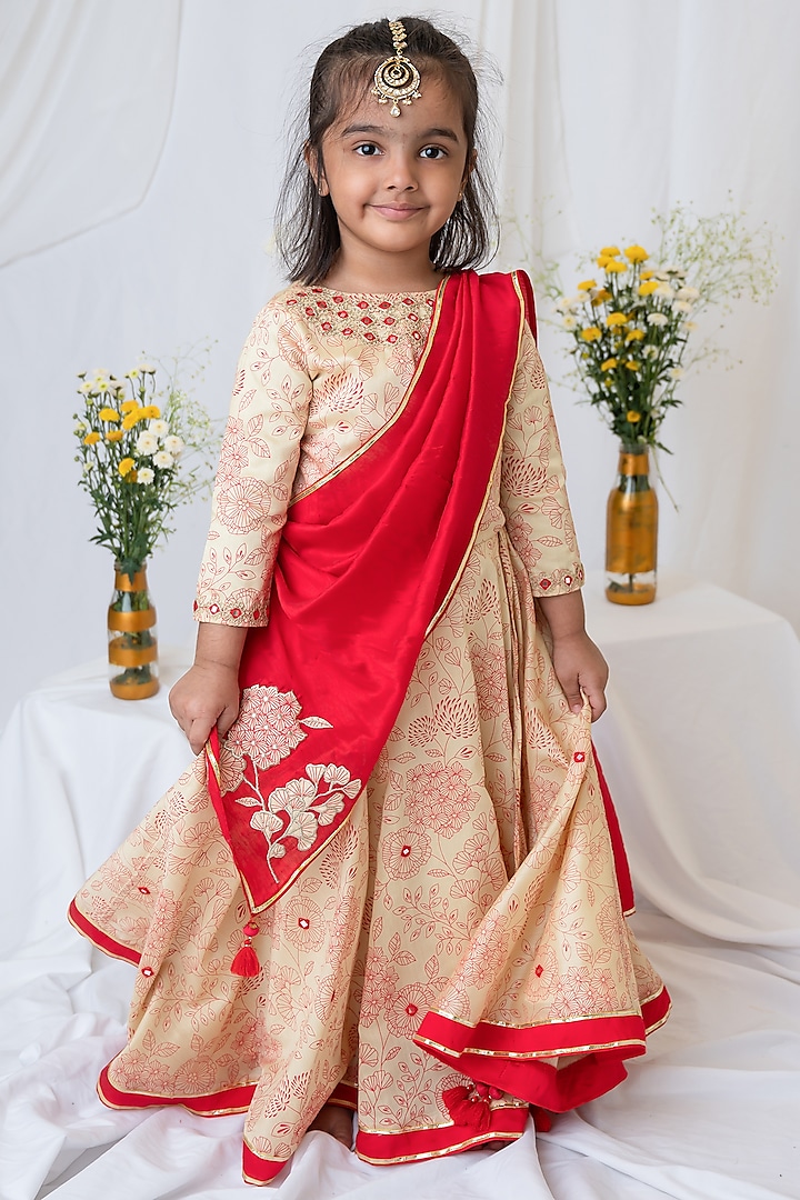 Beige Organic Cotton Floral Printed & Hand Embroidered Lehenga Set For Girls by Mi Dulce An'ya