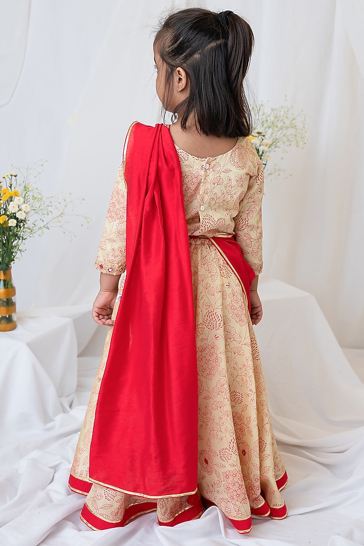 Beige Organic Cotton Floral Printed & Hand Embroidered Lehenga Set For Girls by Mi Dulce An'ya at Pernia's Pop Up Shop