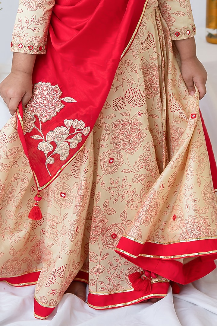Beige Organic Cotton Floral Printed & Hand Embroidered Lehenga Set For Girls by Mi Dulce An'ya at Pernia's Pop Up Shop